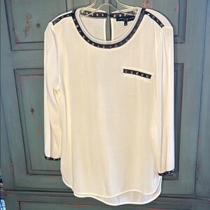 NWOT Generation Love White Top with Black Faux Leather and Gold Stud Accents